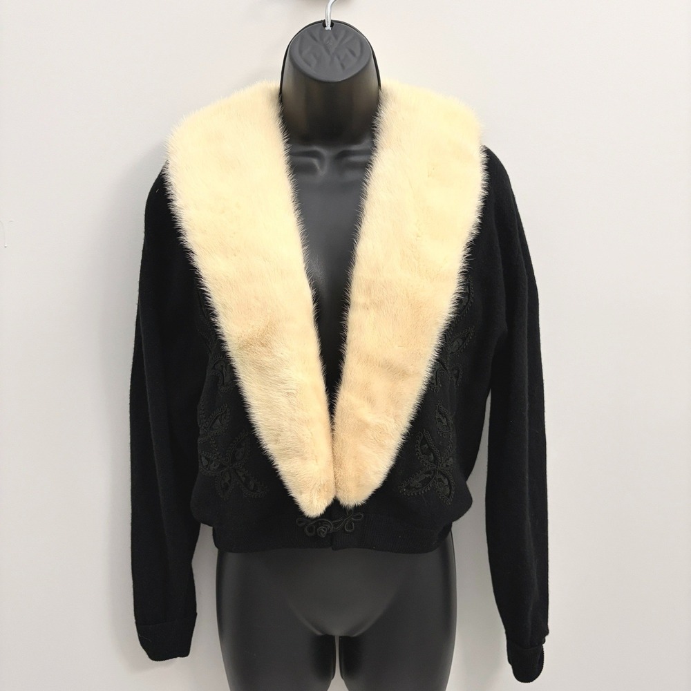 Vintage Cardigan Fur Collar Lace Applique Embroidery Small Black
